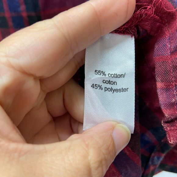 2/$30 Maurices 1 1X Plus Womens Red Blue Acid Wash Plaid Button-up Tie Waist Top - Picture 5 of 8